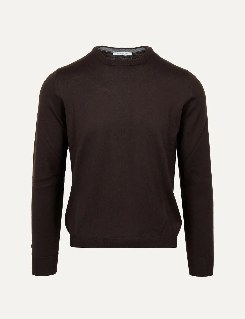 Gran Sasso men's dark brown wool crew neck sweater with long sleeves, smooth knit texture and ribbed cuffs and hem.