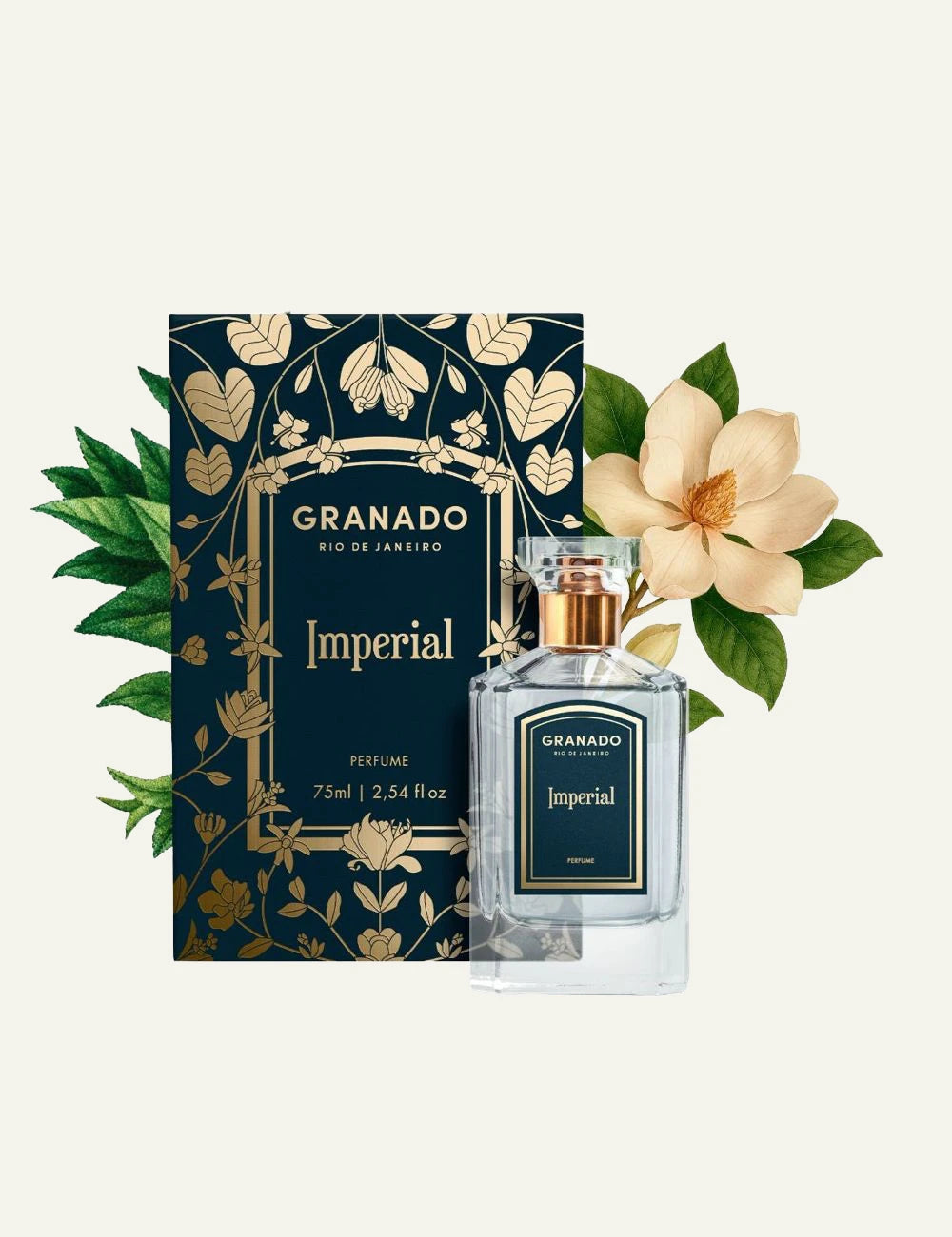 Granado Imperial perfume bottle dark green label close view