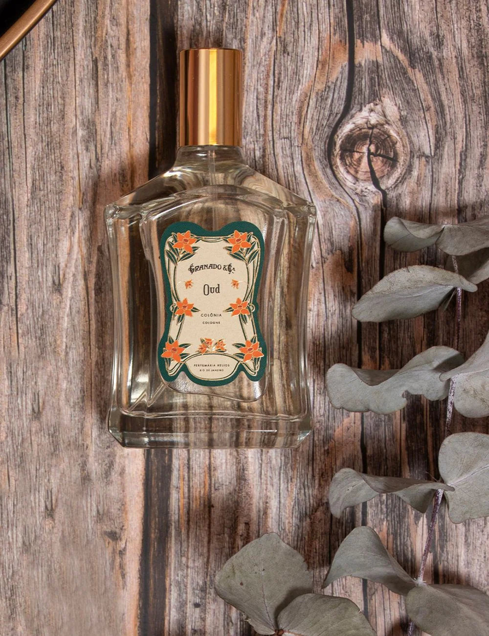Granado Oud eau de cologne bottle floral label top view