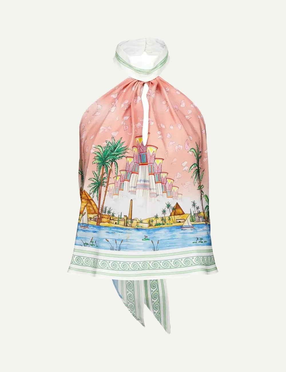Casablanca women's pink silk halterneck top with colorful Egyptian landscape print, palm trees, front keyhole cutout and green patterned border.