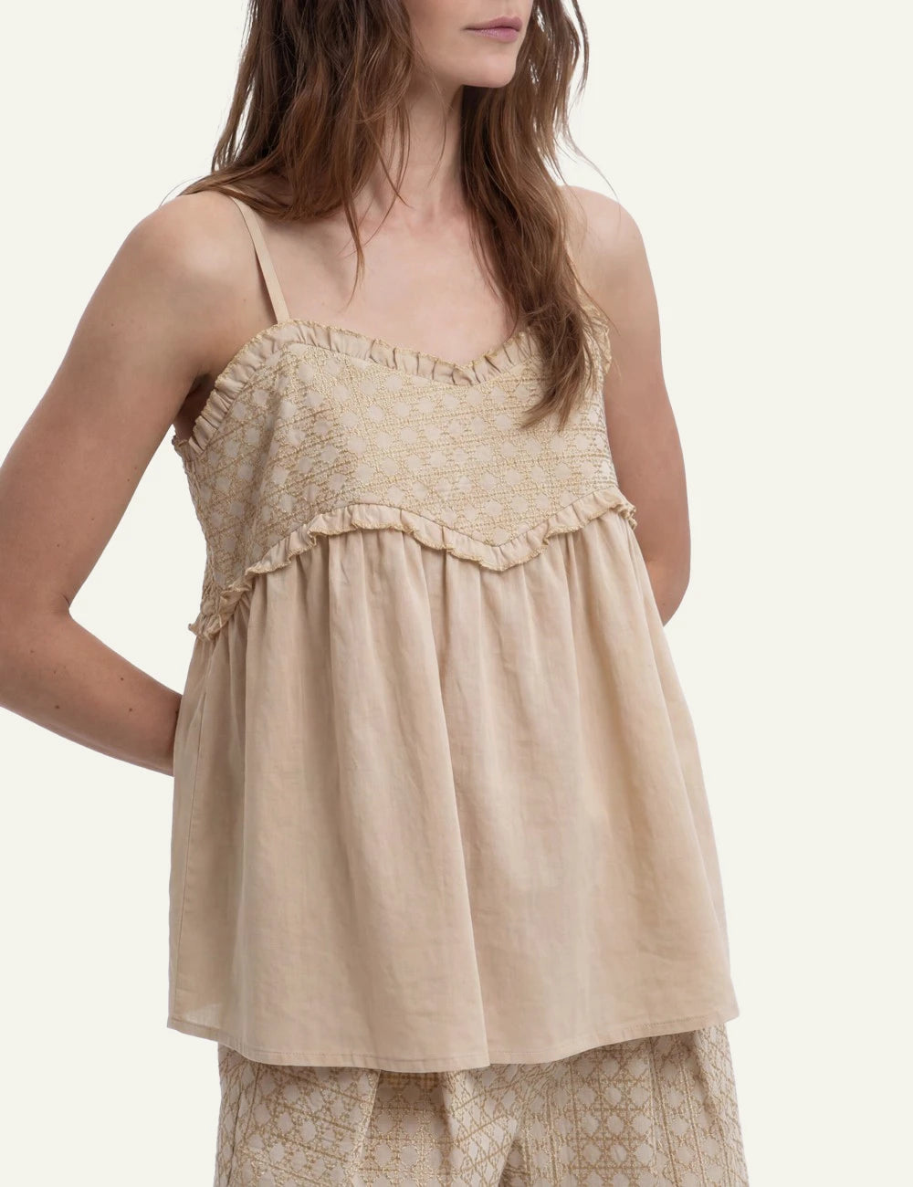 Greek Archaic Kori cross top beige front detail