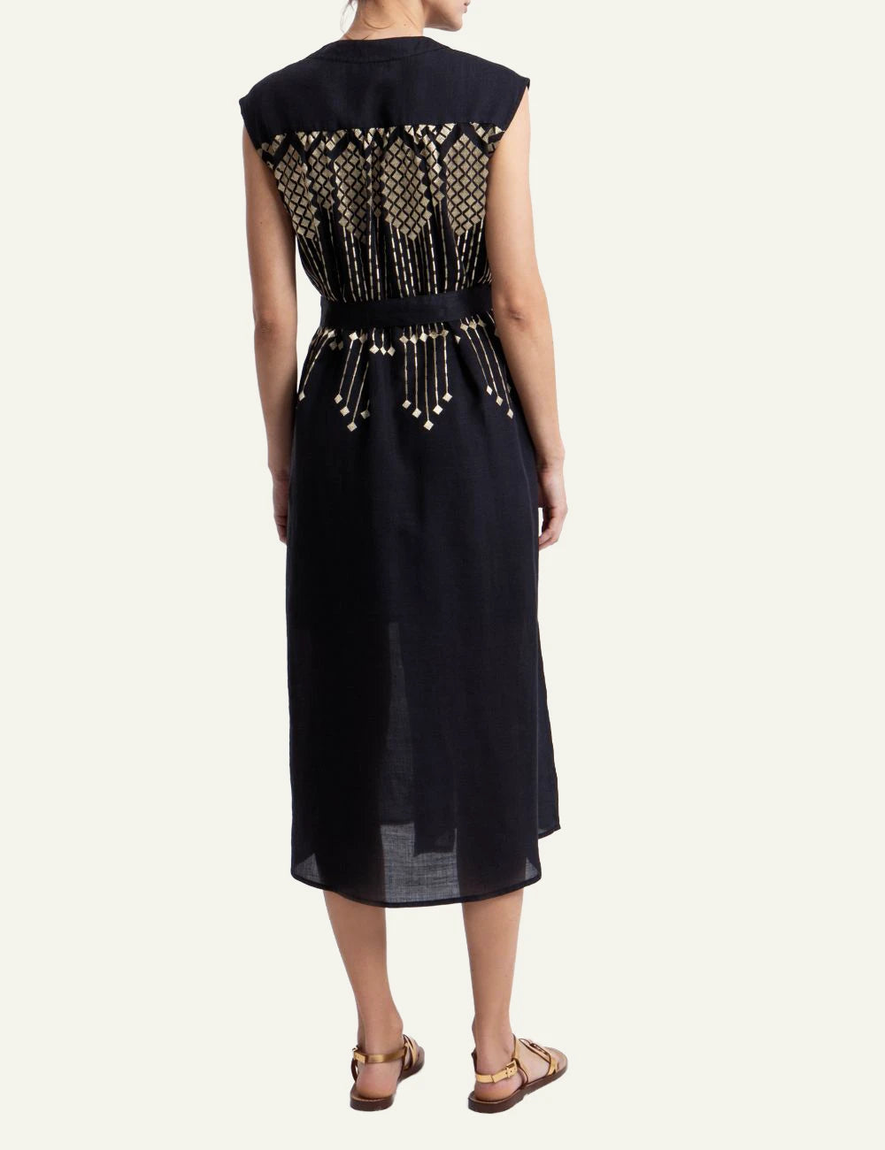 Greek Archaic Kori black embroidered long chemisier dress back view