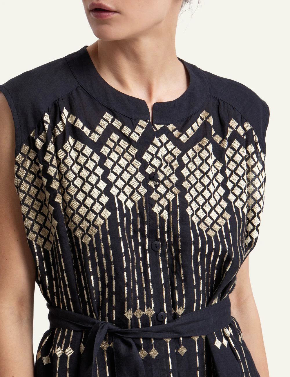 Greek Archaic Kori black embroidered long chemisier dress detail view