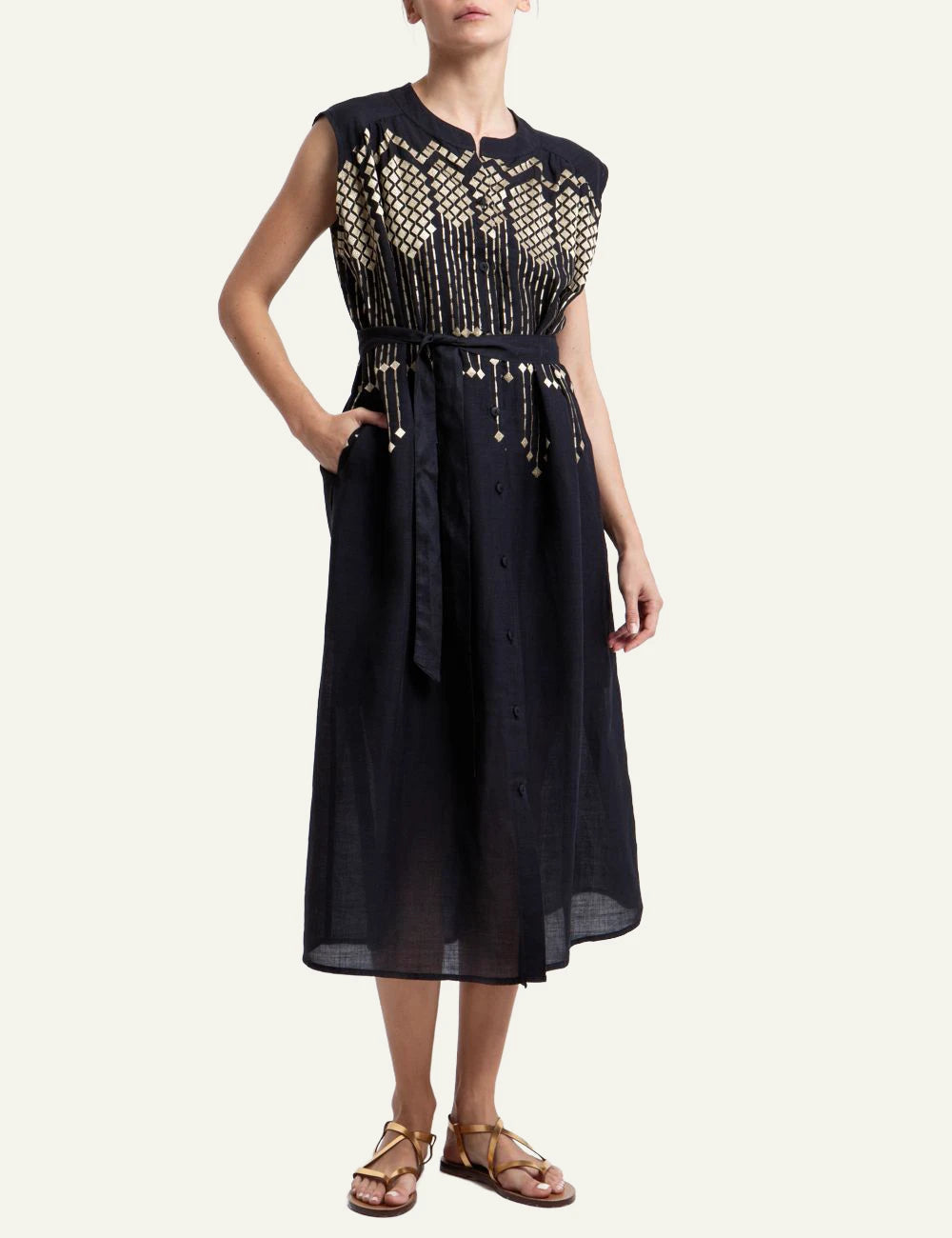 Greek Archaic Kori black embroidered long chemisier dress front view