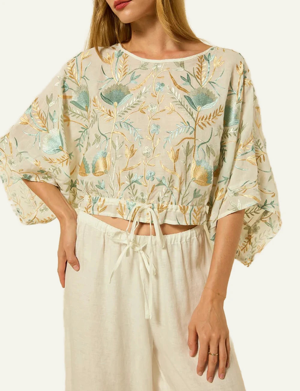 Greek Archaic Kori blossom blouse white multi green front