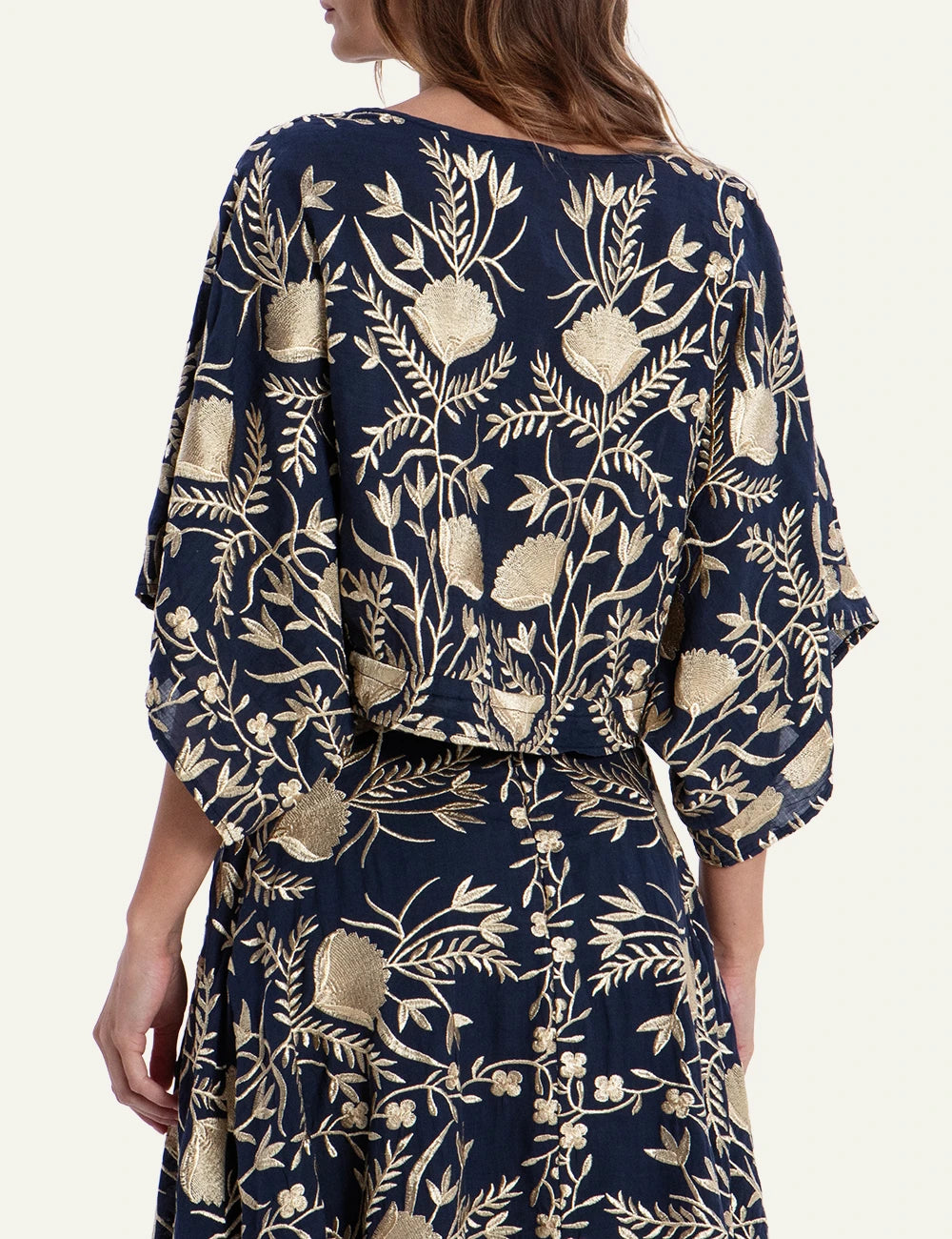 Greek Archaic Kori navy blossom embroidered blouse back view