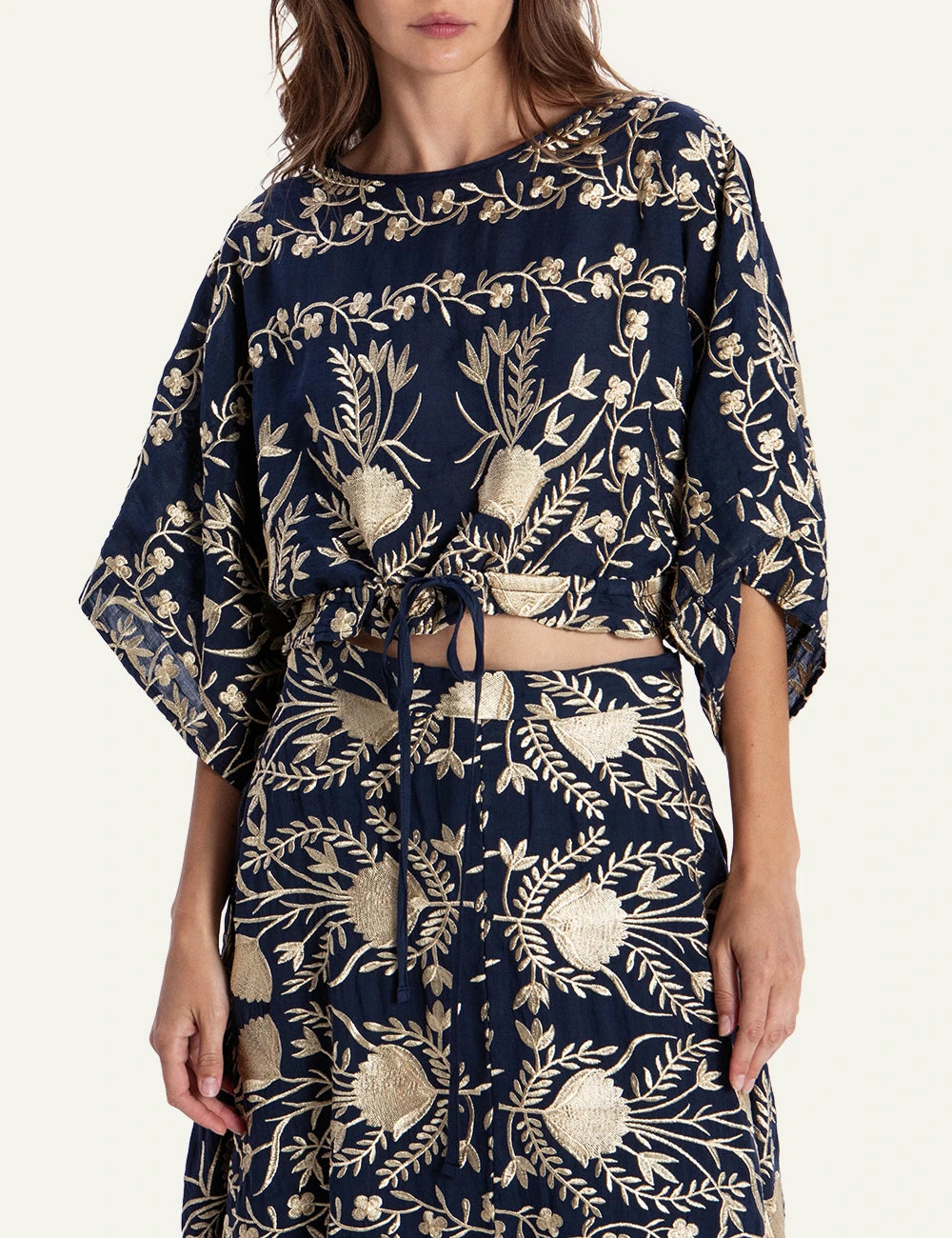 Greek Archaic Kori navy blossom embroidered blouse front view