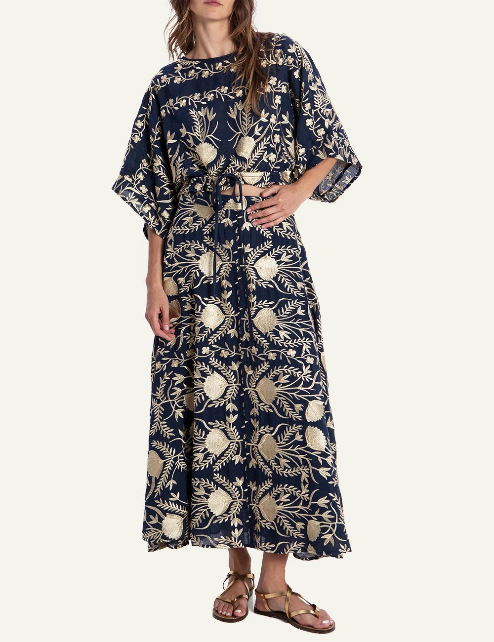 Greek Archaic Kori navy blossom embroidered blouse full body view