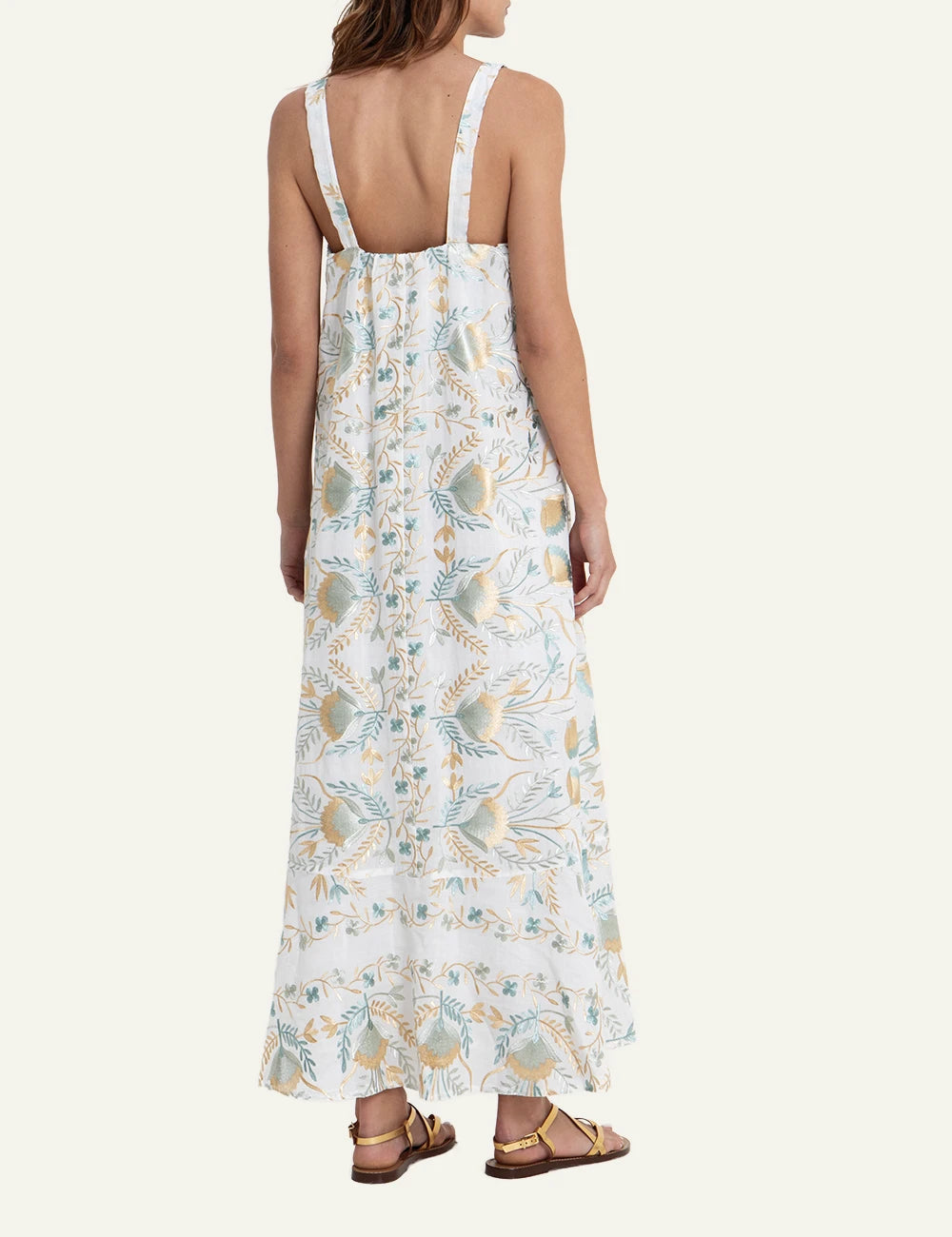 Greek Archaic Kori blossom floral long dress ivory back view