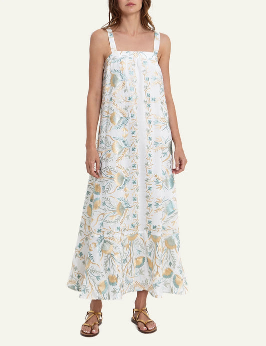 Greek Archaic Kori blossom floral long dress ivory front view