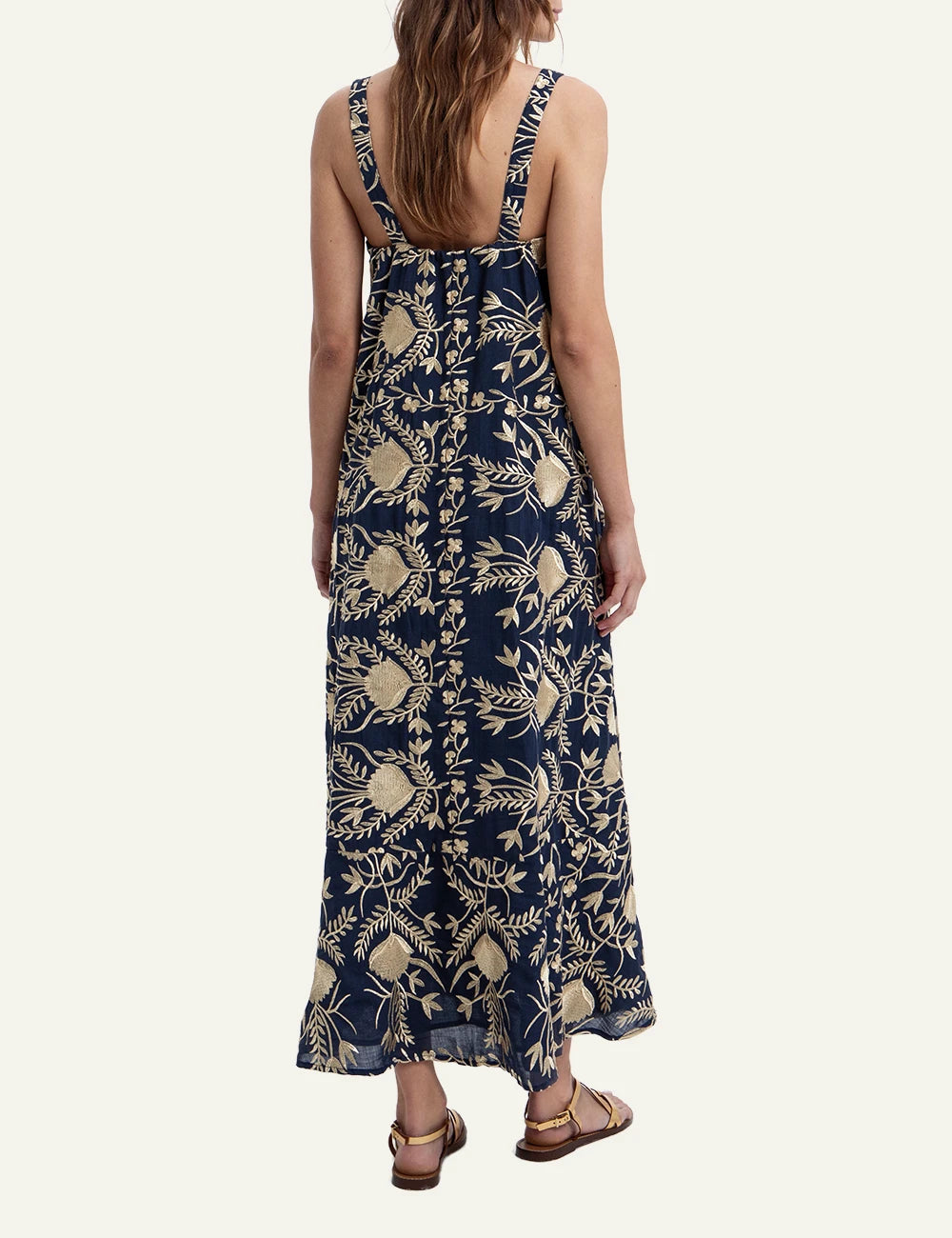 Greek Archaic Kori navy blossom embroidered long dress back view