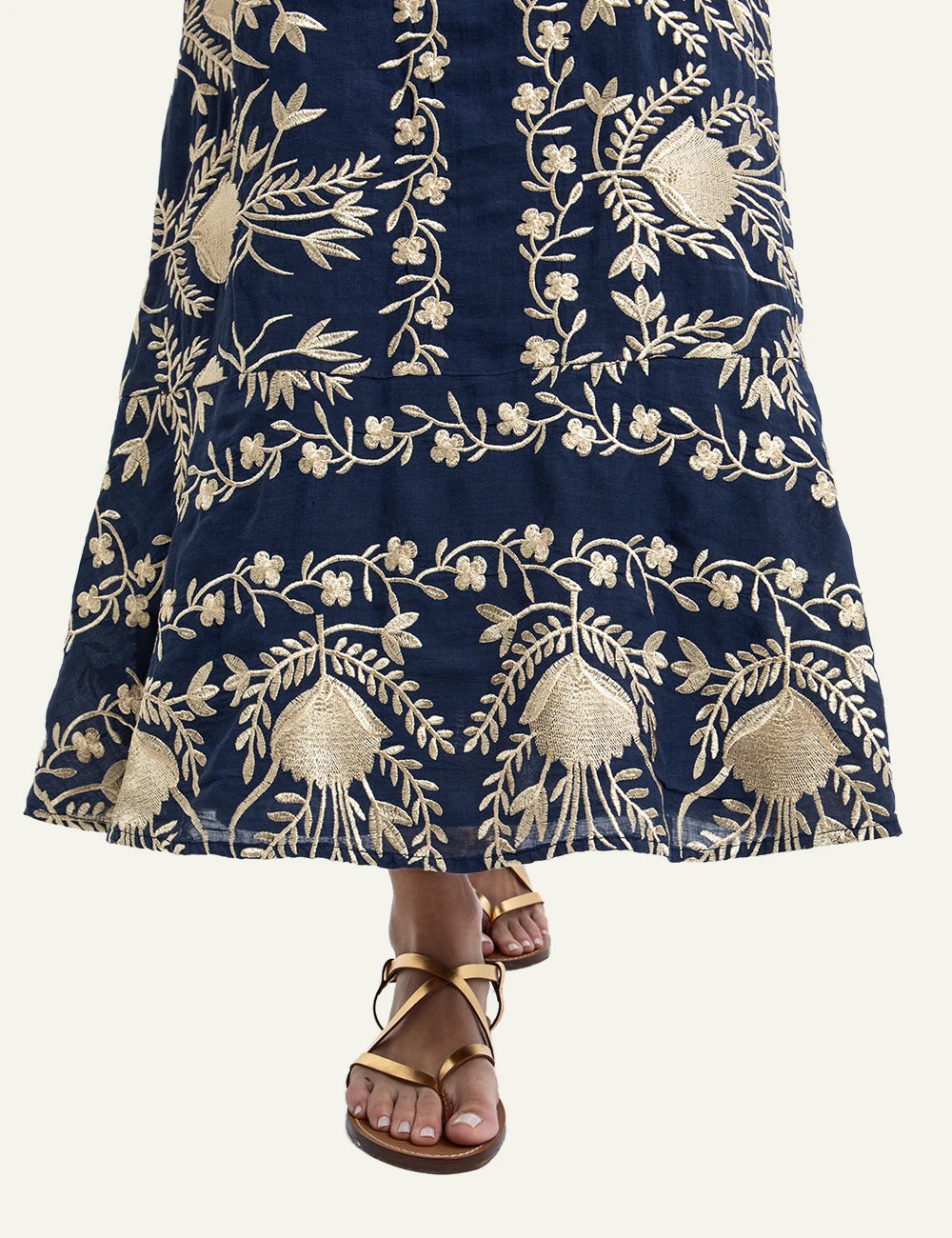Greek Archaic Kori navy blossom embroidered long dress front detail view