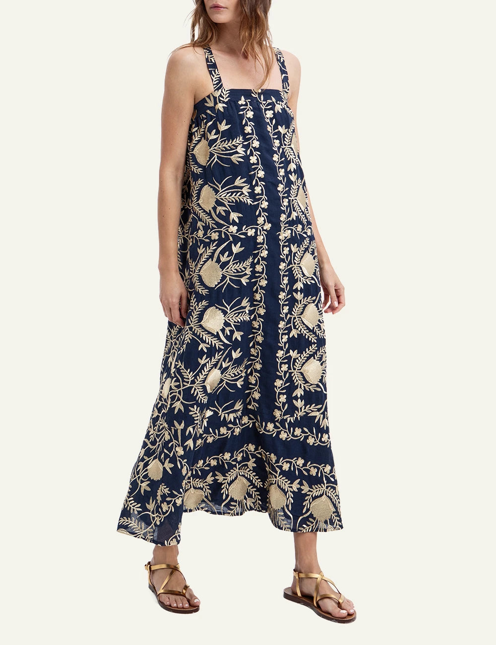 Greek Archaic Kori navy blossom embroidered long dress front view