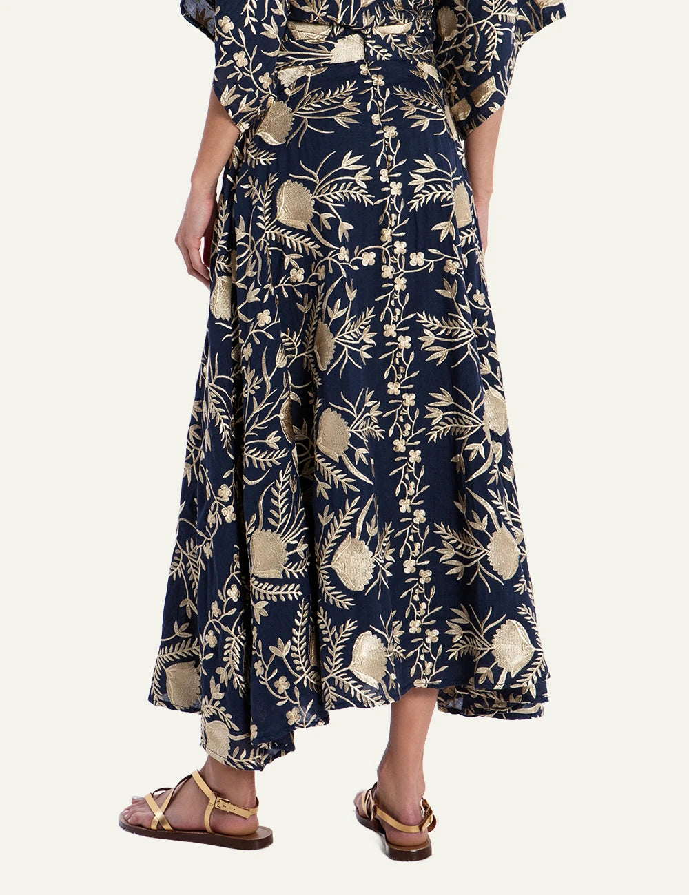 Greek Archaic Kori navy blossom embroidered long skirt back view