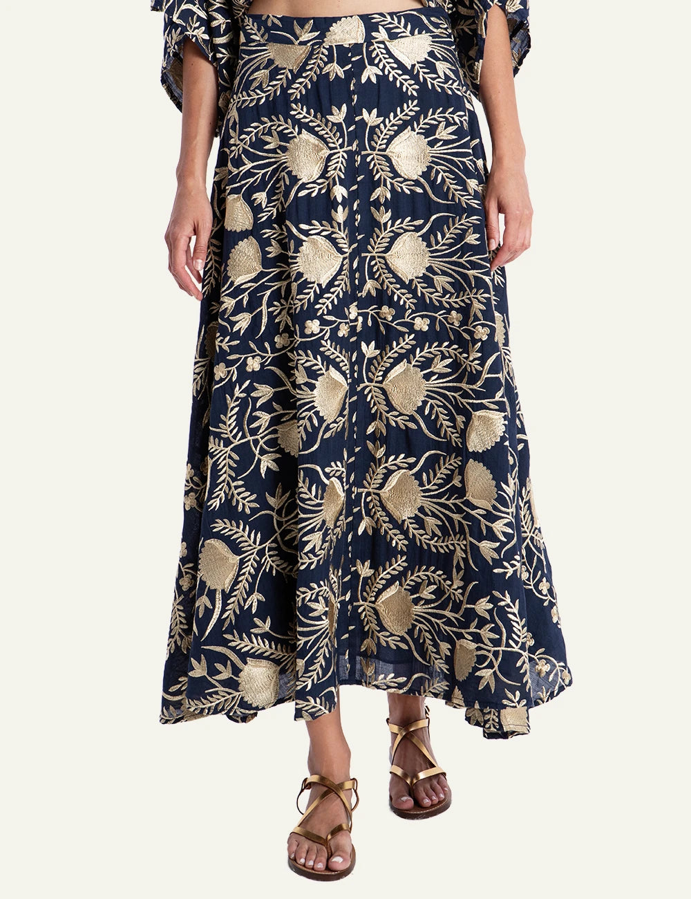 Greek Archaic Kori navy blossom embroidered long skirt front view