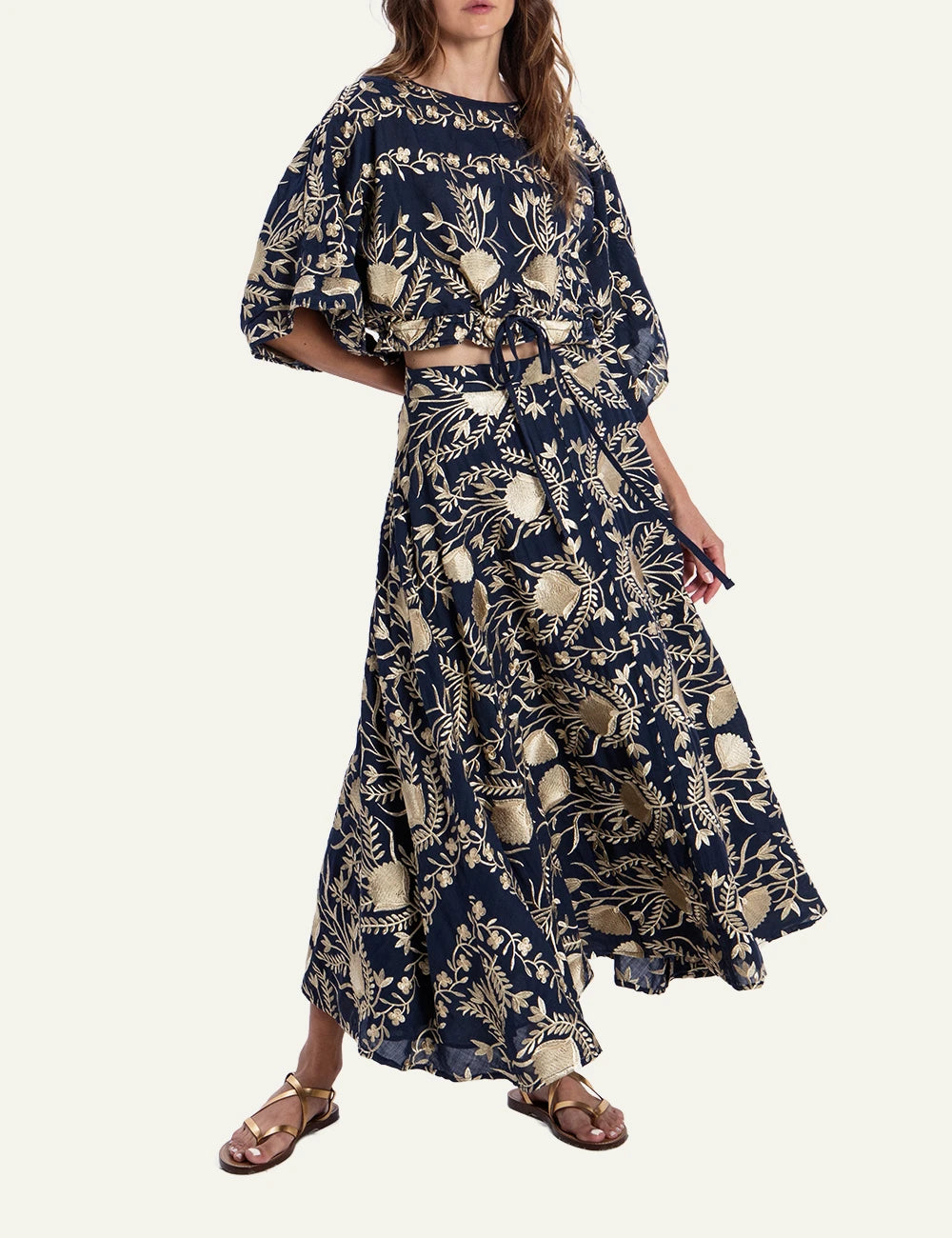 Greek Archaic Kori navy blossom embroidered long skirt side view