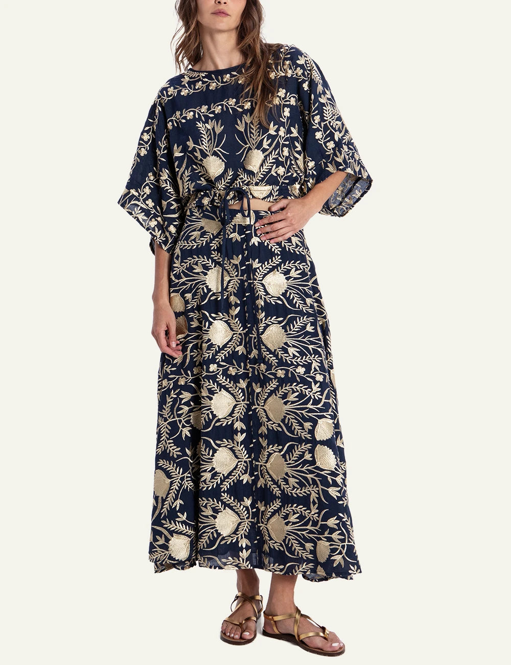 Greek Archaic Kori navy blossom embroidered long skirt front full body view