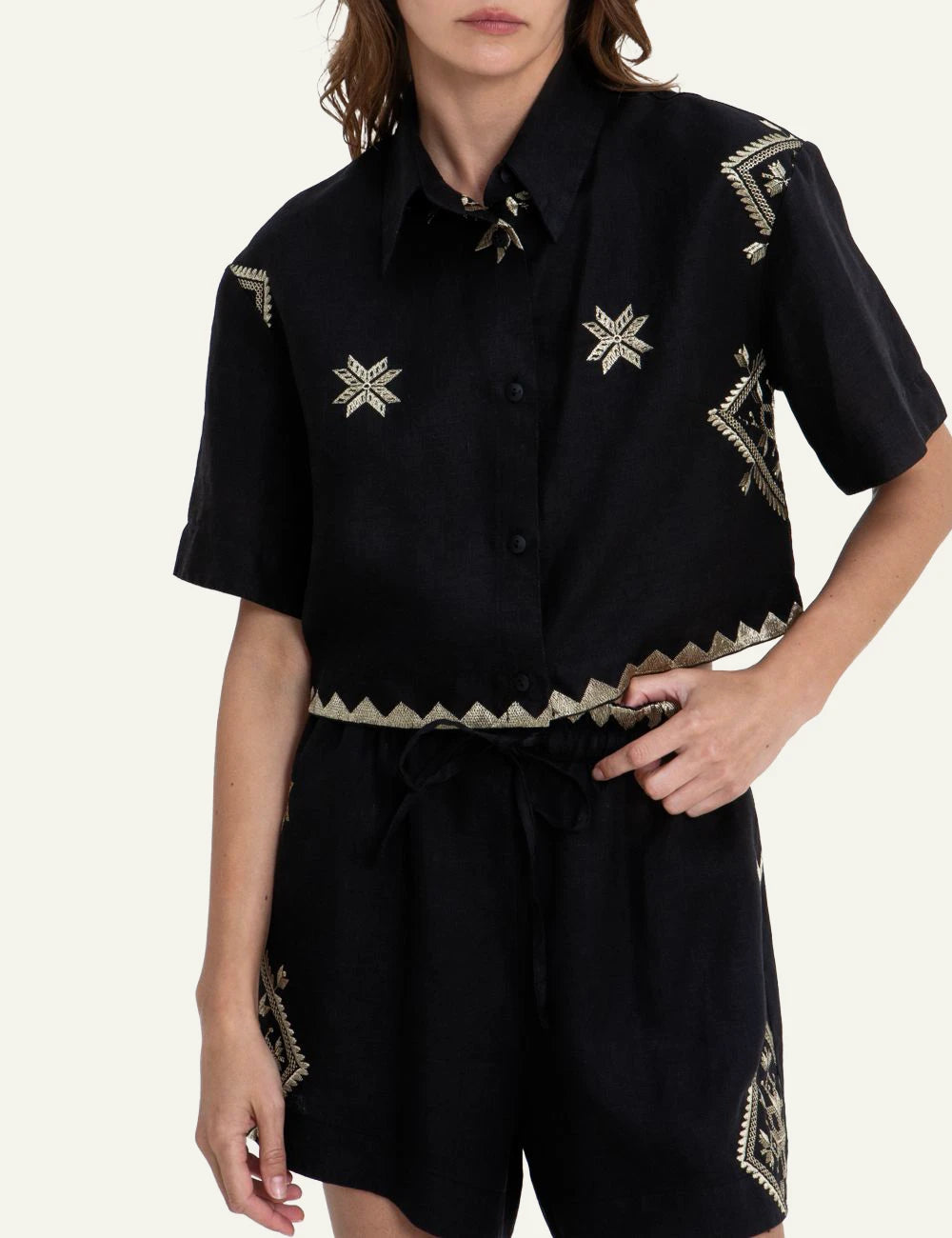 Greek Archaic Kori cropped lefkada shirt black gold embroidery front