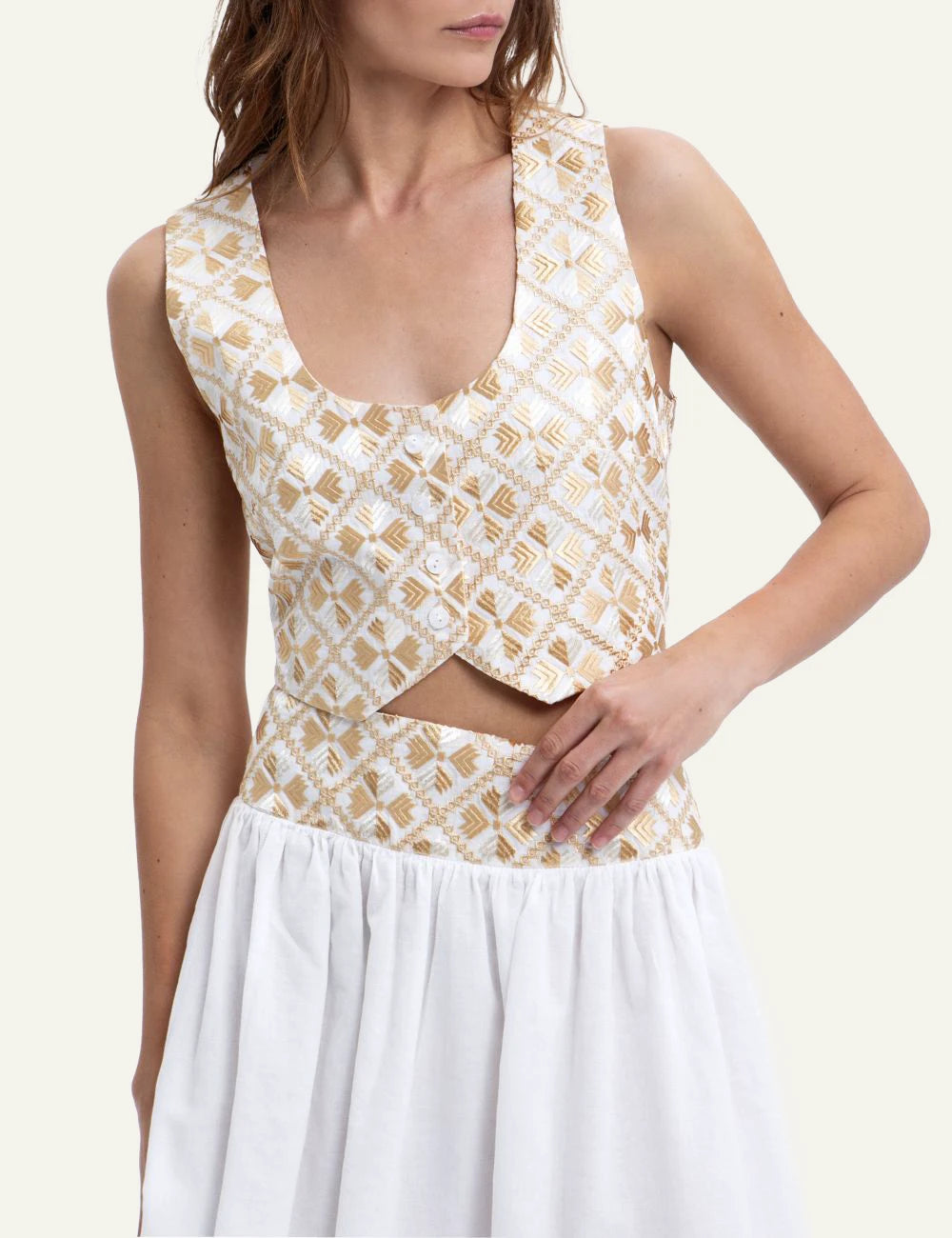 Greek Archaic Kori embroidered cropped top white gold front detail