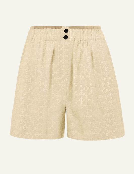 Greek Archaic Kori cross shorts beige gold front