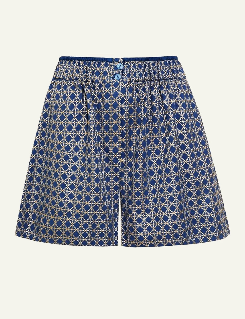 Greek Archaic Kori cross shorts navy gold front