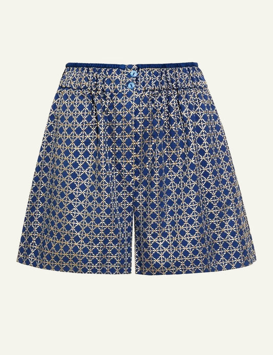 Greek Archaic Kori cross shorts navy gold front