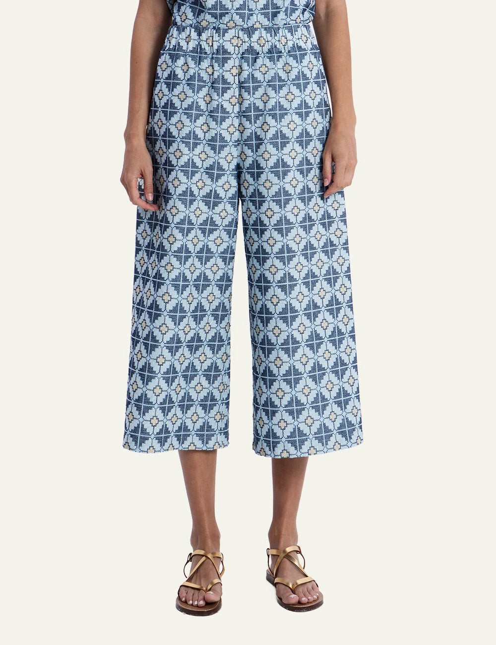 Greek Archaic Kori daisy blue patterned wide leg pants front view