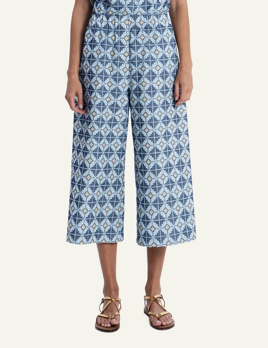 Greek Archaic Kori daisy blue patterned wide leg pants front view