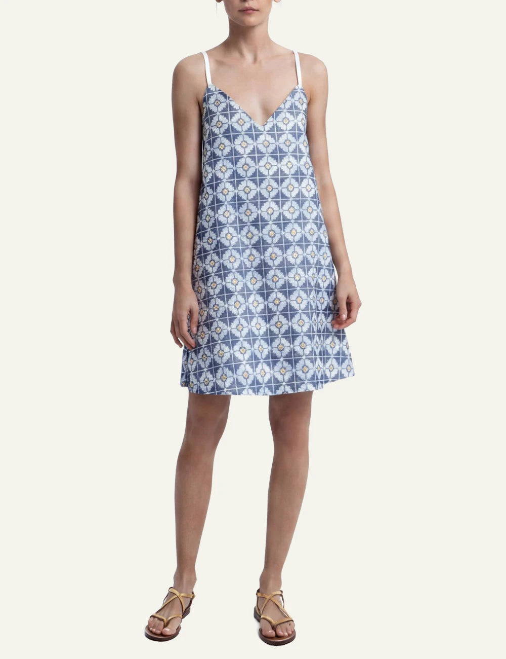 Greek Archaic Kori daisy mini dress blue white front