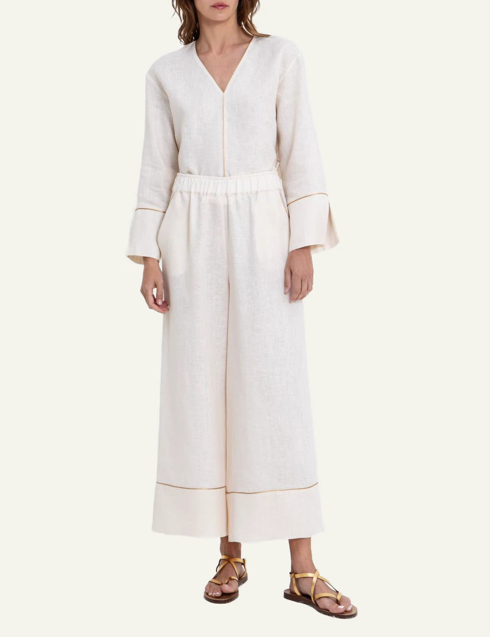 Greek Archaic Kori ecru cropped wide leg pants front full body view