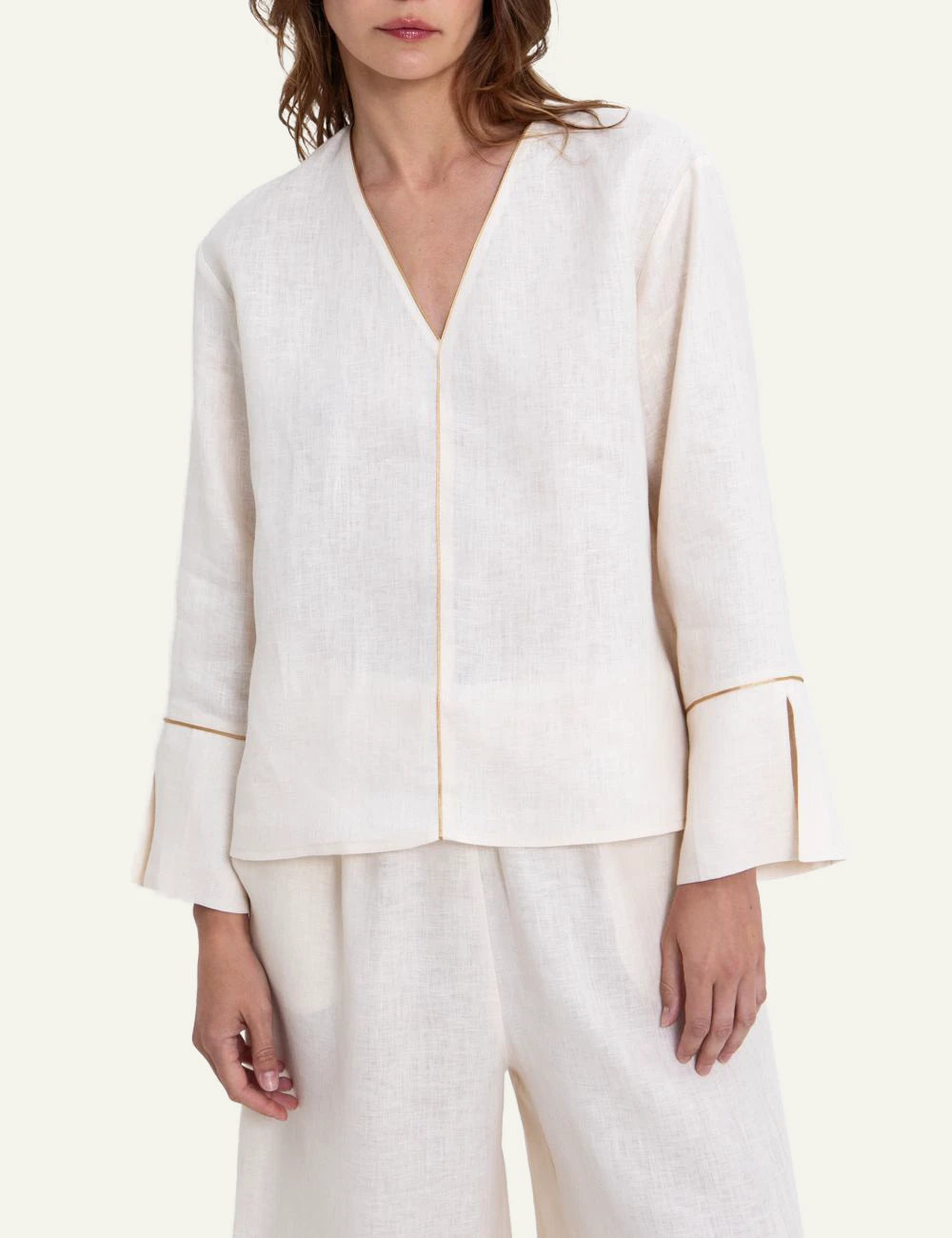 Greek Archaic Kori ecru long sleeve blouse V neck front view