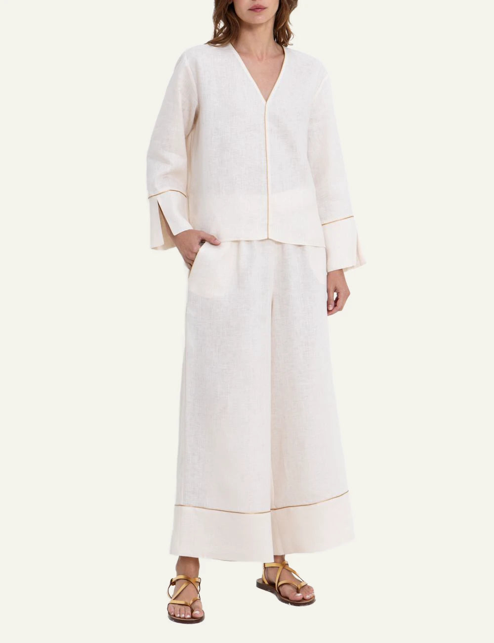 Greek Archaic Kori ecru long sleeve blouse V neck front full body view