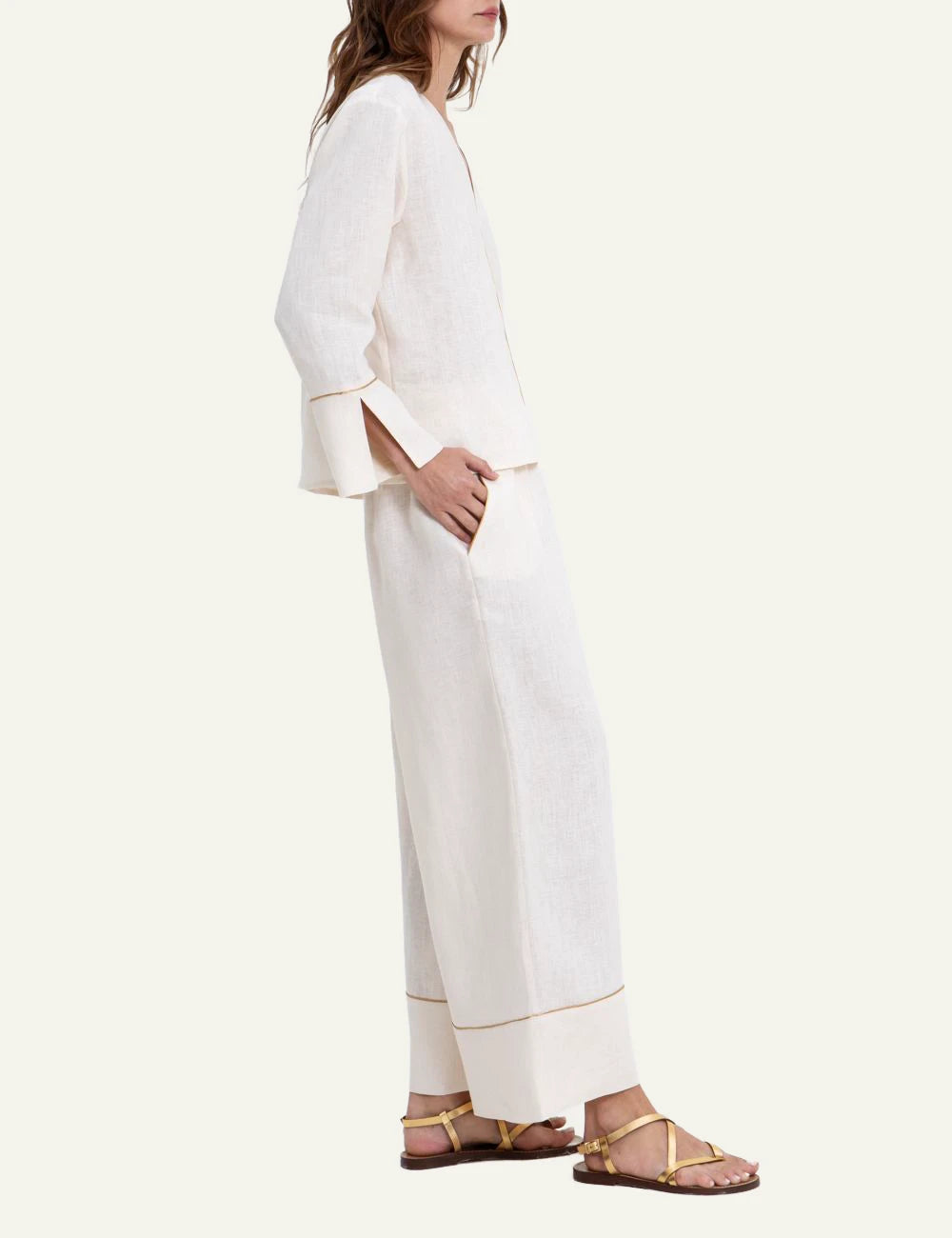 Greek Archaic Kori ecru long sleeve blouse V neck side view