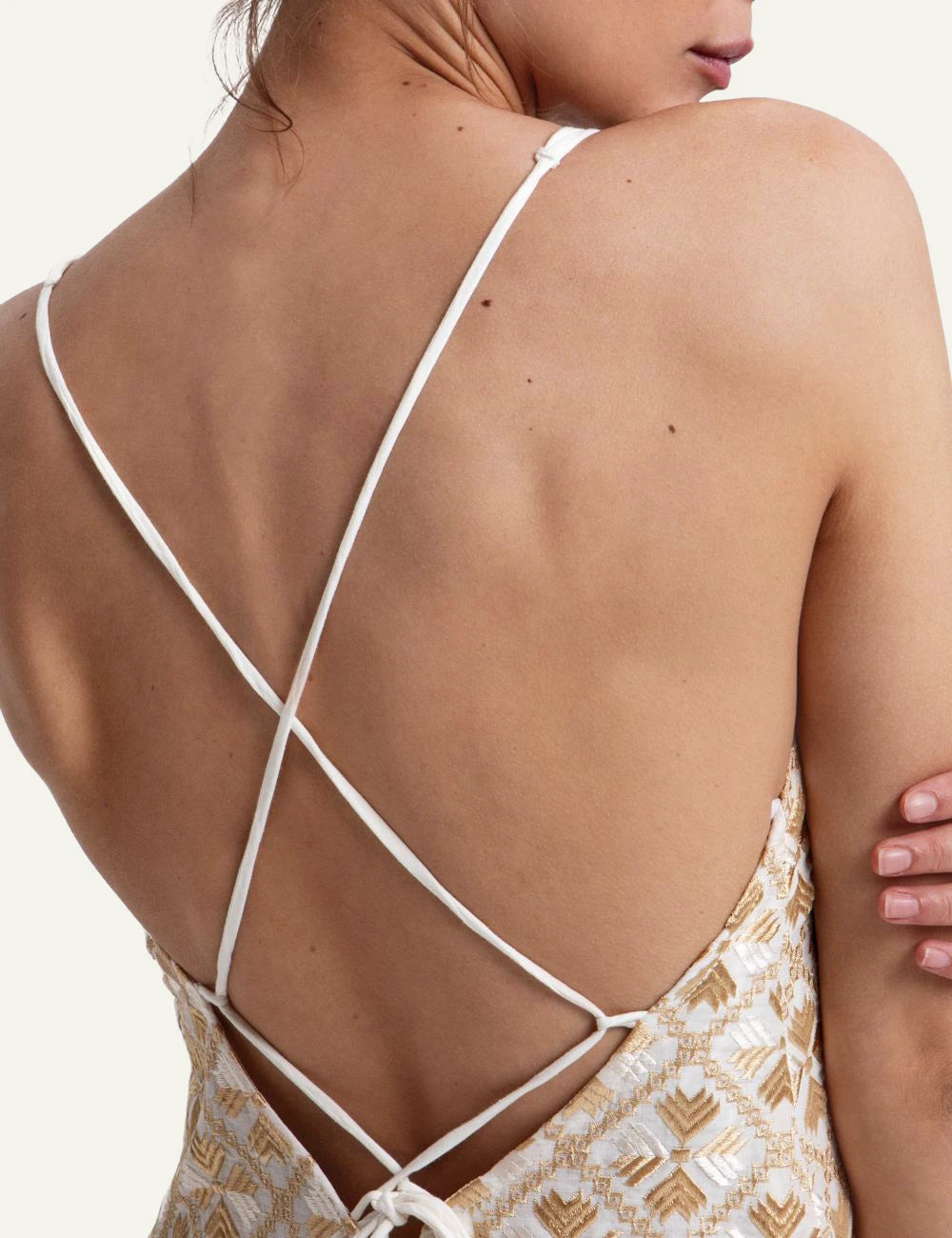 Greek Archaic Kori flakes maxi dress white gold back detail