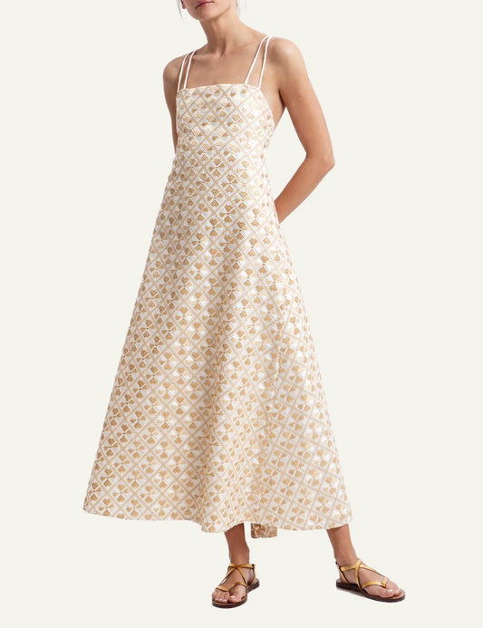 Greek Archaic Kori flakes maxi dress white gold front