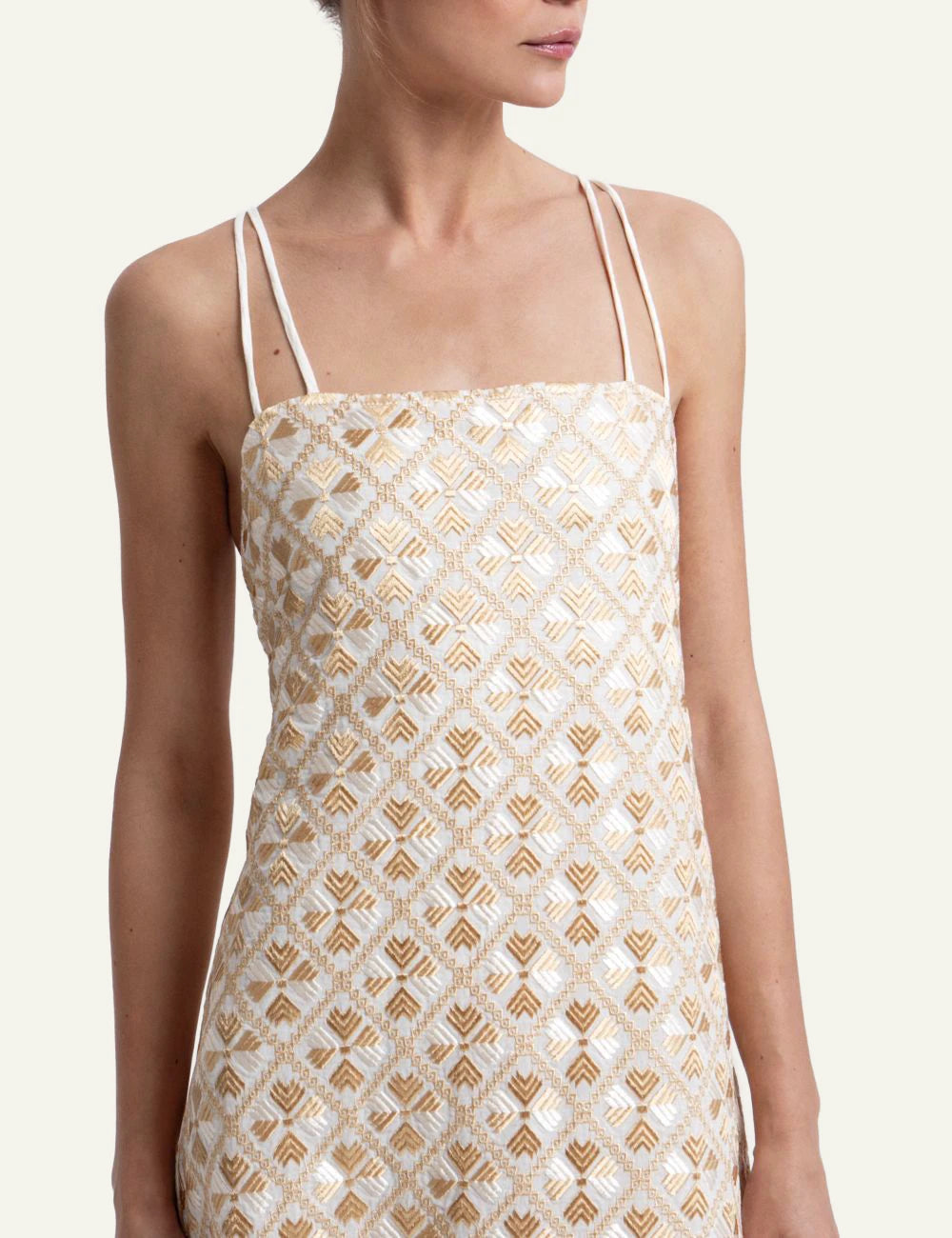 Greek Archaic Kori flakes maxi dress white gold front detail