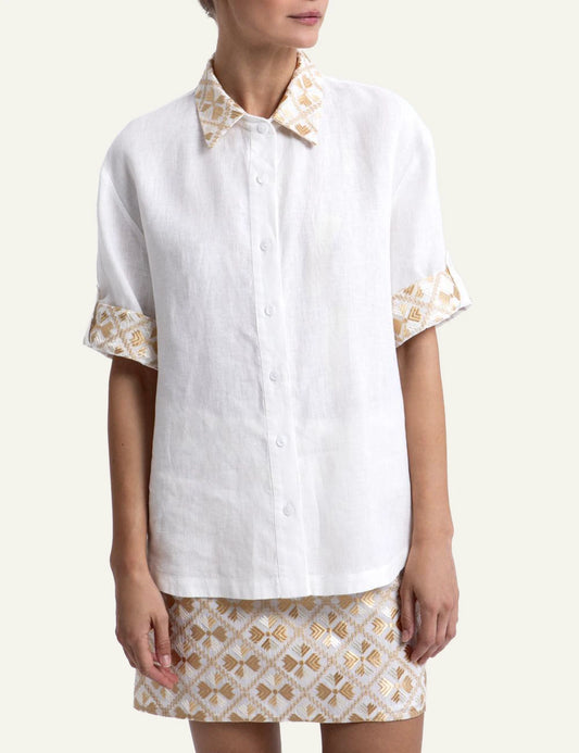 Greek Archaic Kori flakes white shirt short sleeve front view