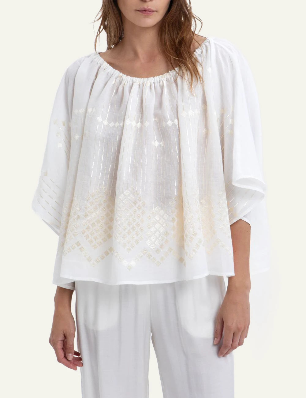 Greek Archaic Kori grape blouse white champagne embroidered front