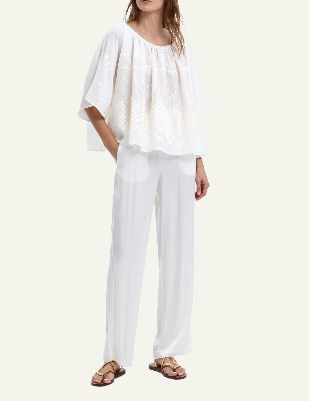 Greek Archaic Kori grape blouse white champagne embroidered front full body