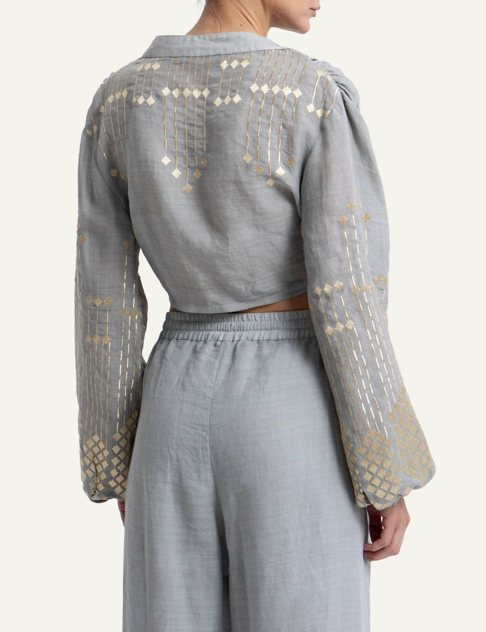 Greek Archaic Kori grape grey embroidered cropped blouse back view