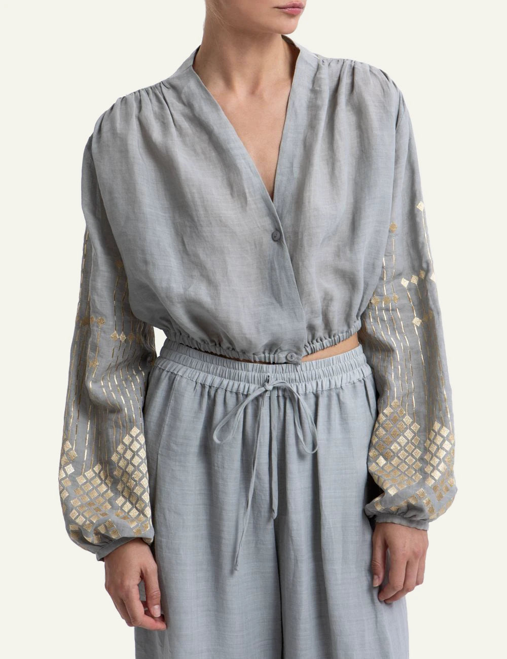 Greek Archaic Kori grape grey embroidered cropped blouse front view