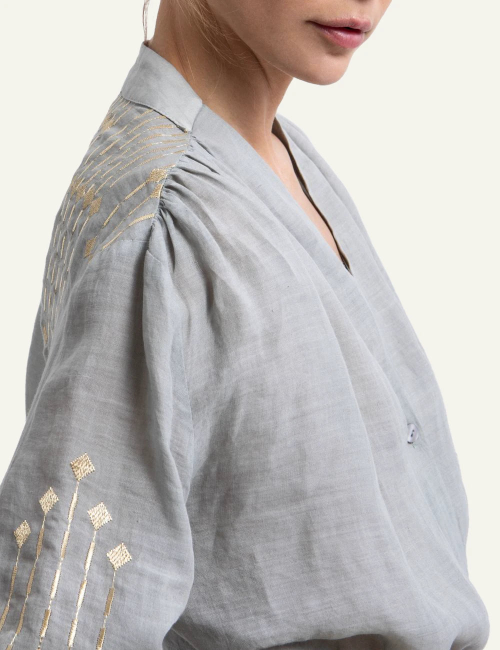 Greek Archaic Kori grape grey embroidered cropped blouse side detail view