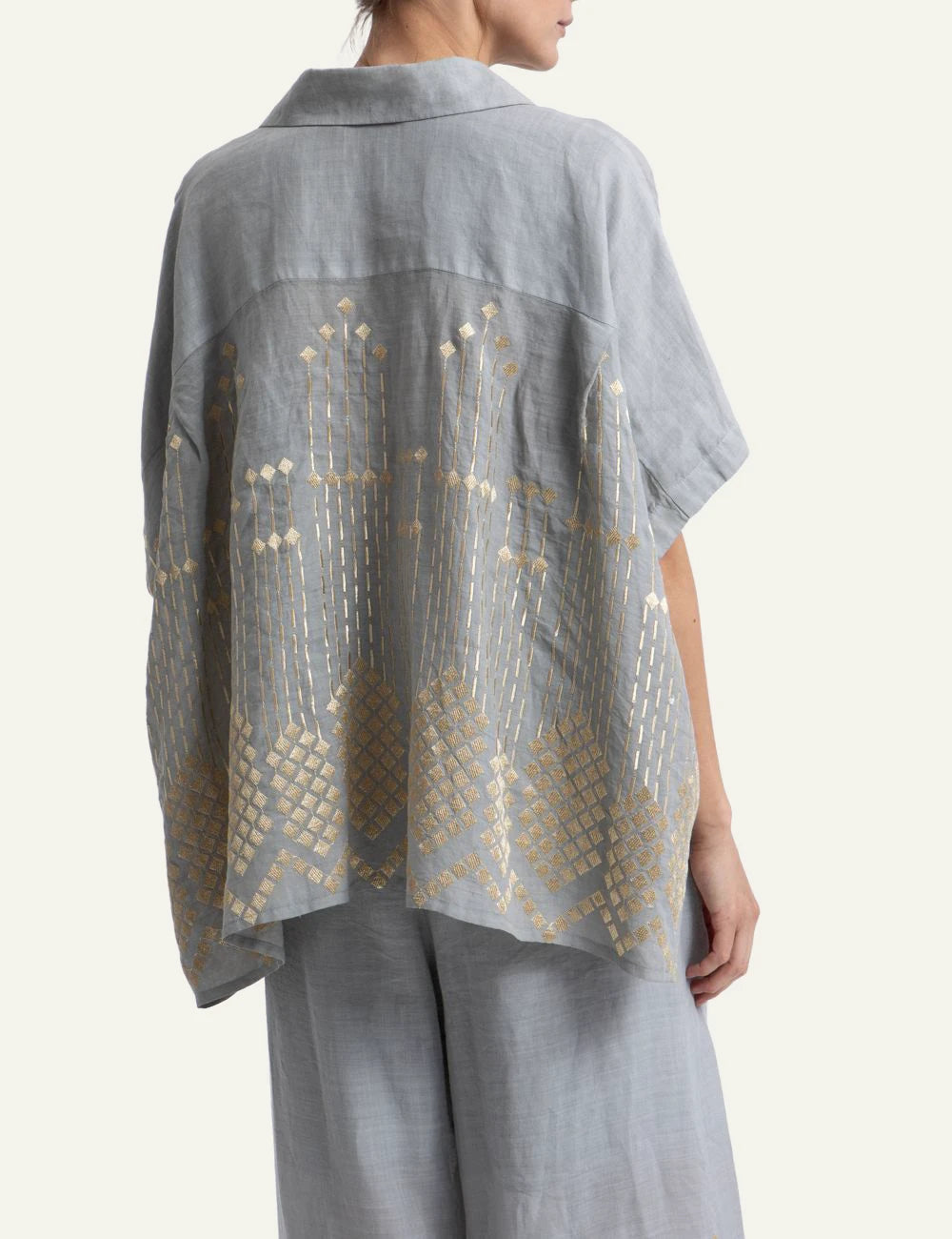 Greek Archaic Kori grape grey loose shirt back view