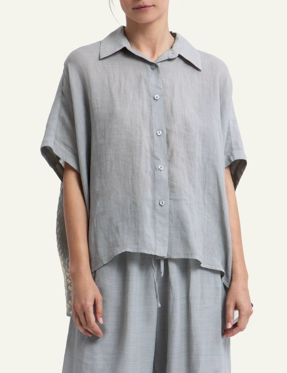Greek Archaic Kori grape grey loose shirt front view