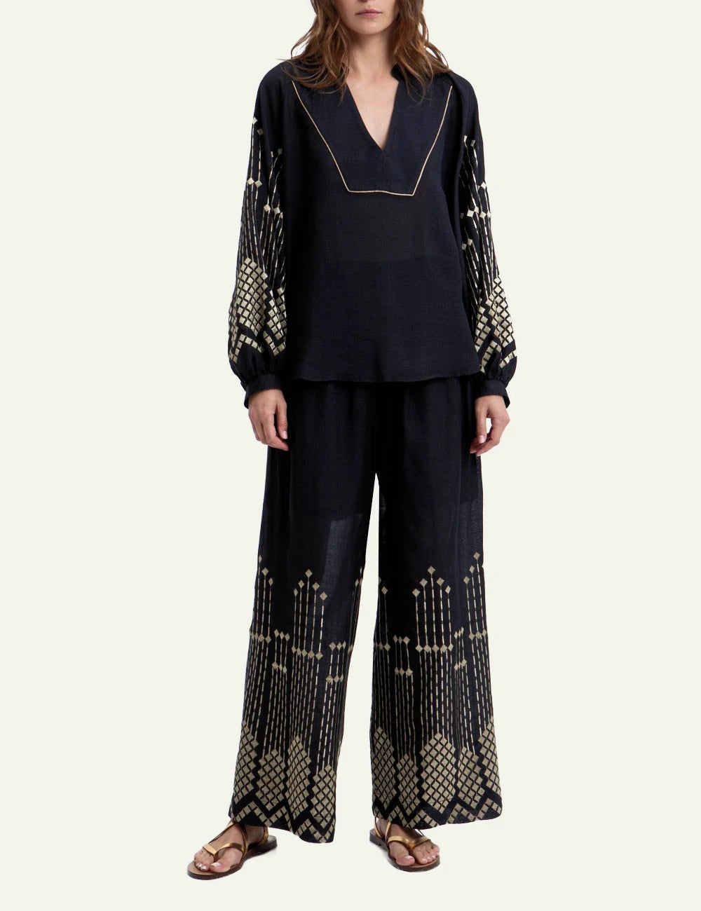 Greek Archaic Kori grape loose pants black gold embroidery front