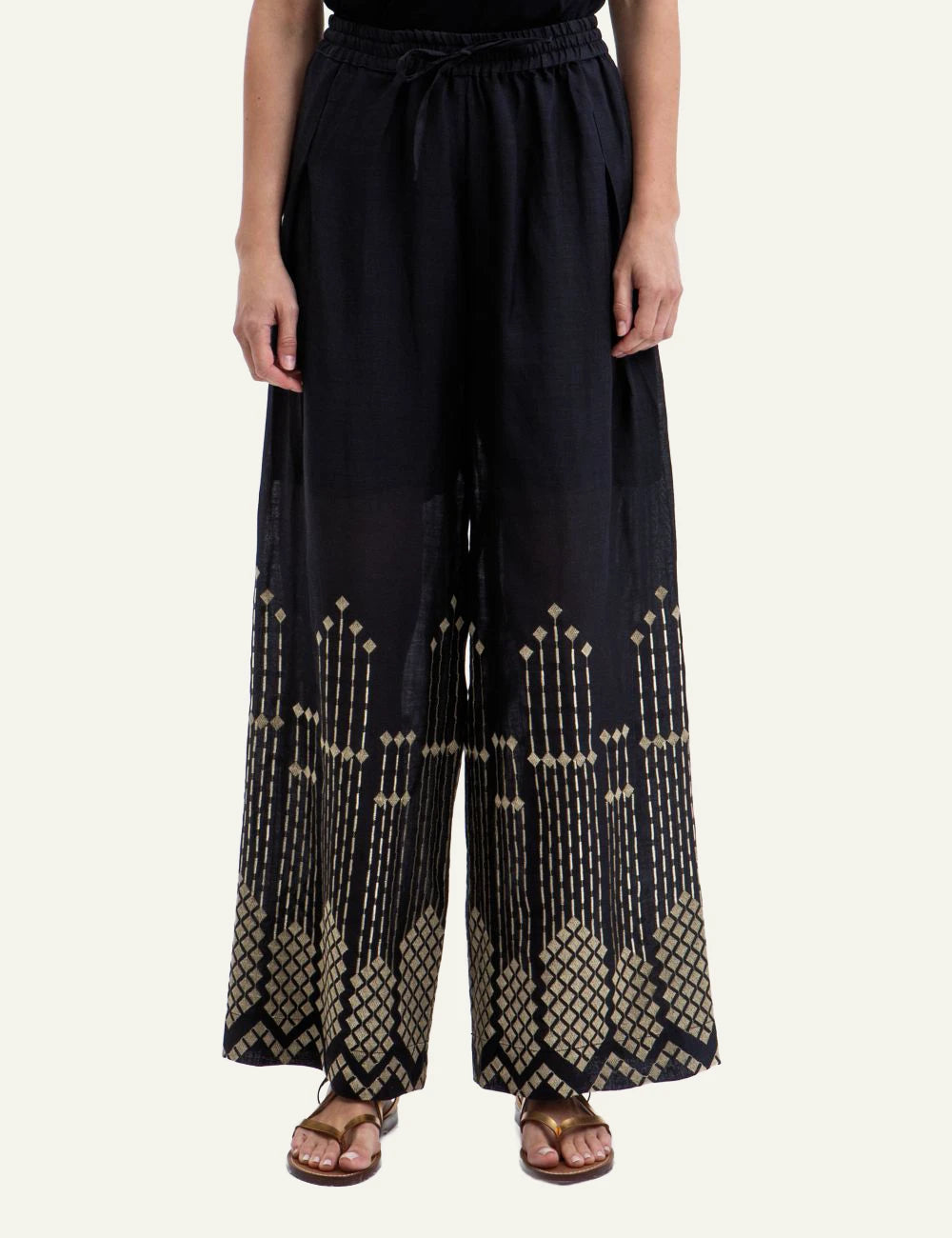 Greek Archaic Kori grape loose pants black gold embroidery front detail