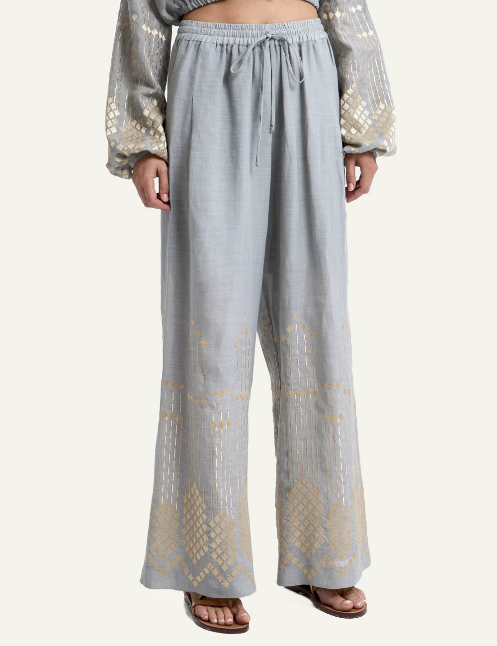 Greek Archaic Kori grape loose pants grey champagne embroidery front