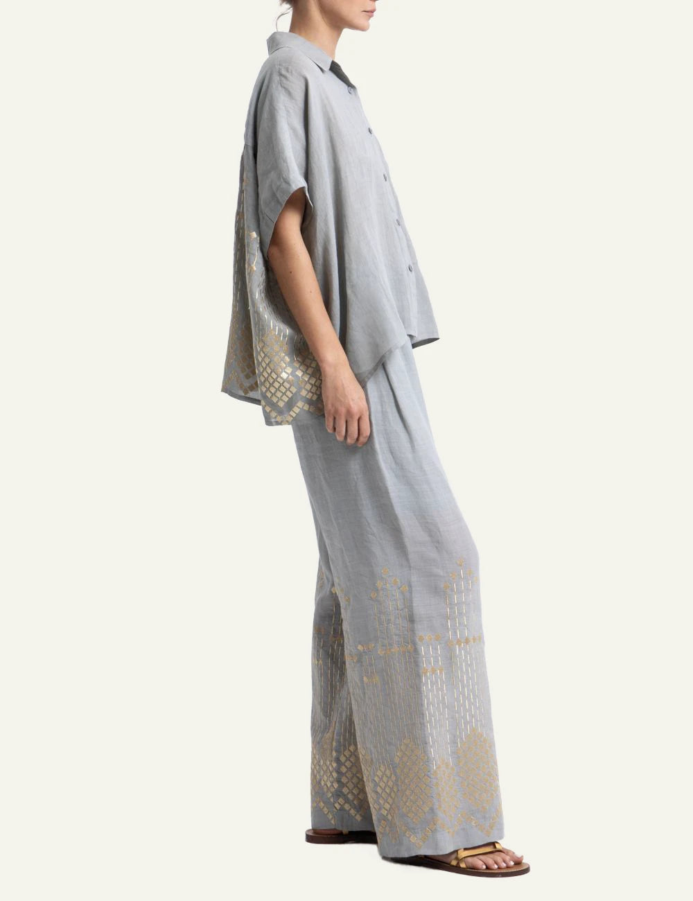 Greek Archaic Kori grape loose pants grey champagne embroidery side