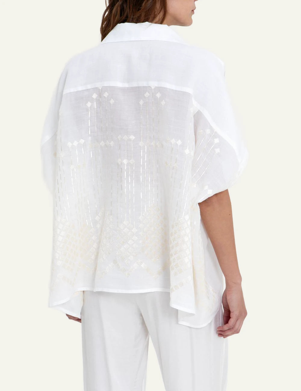 Greek Archaic Kori grape white loose shirt back view