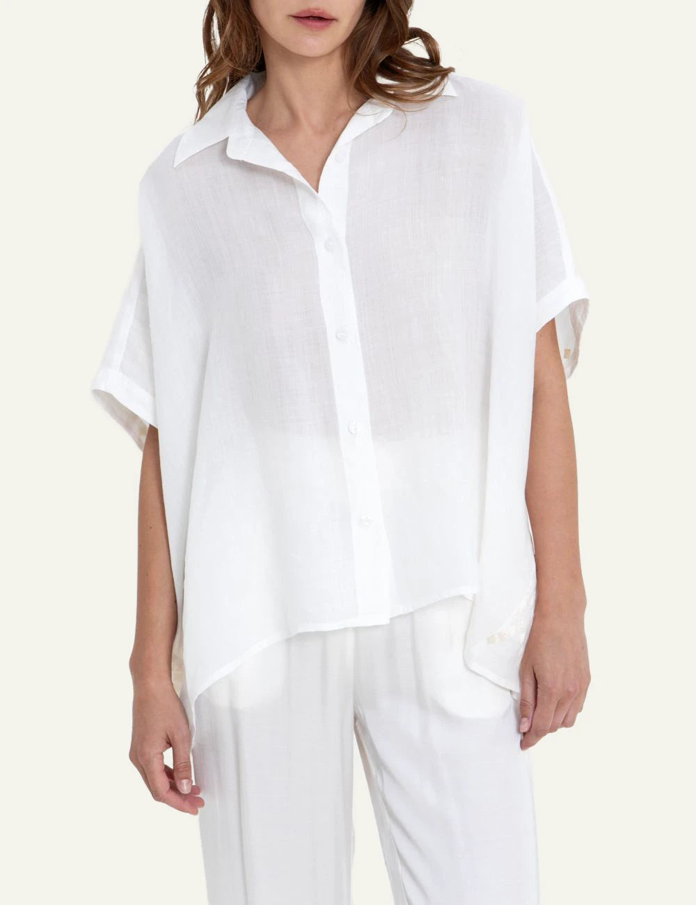 Greek Archaic Kori grape white loose shirt front model view